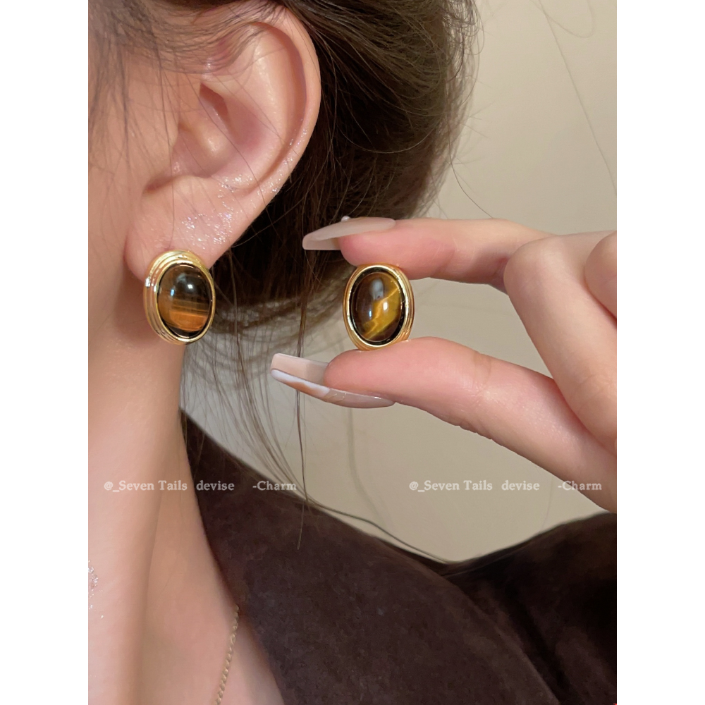合金耳饰 凡尔赛宫~复古虎眼石耳钉女新款2023爆款轻奢小众高级感