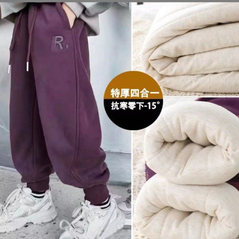 乐童男女童秋冬加绒裤子2023新款洋气中大童韩版一体绒加厚运动休