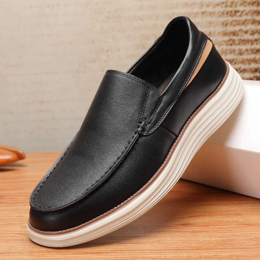 2025新款简约休闲男皮鞋舒适一脚蹬厚底圆头乐福鞋轻底