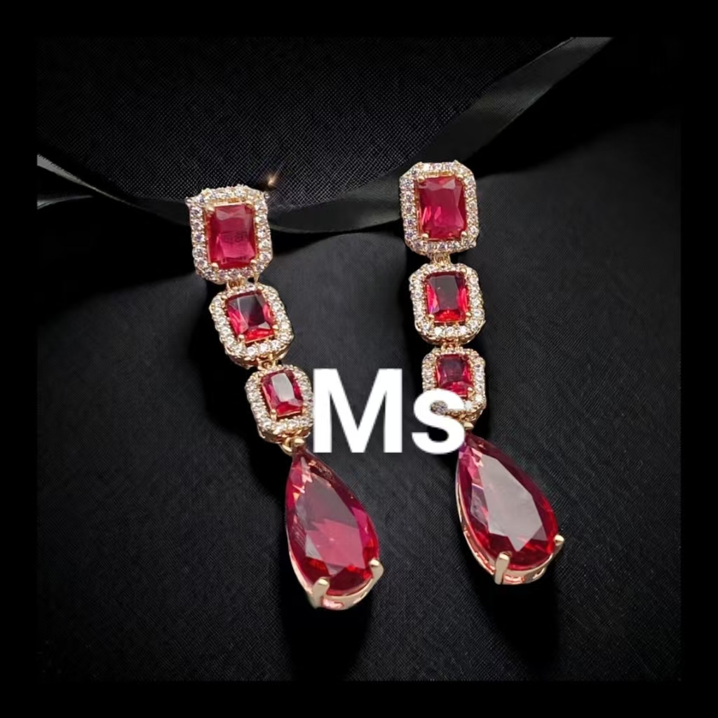 铜合金锆石耳饰 气质时尚轻奢复古百搭长款优雅小众红色素款欧美