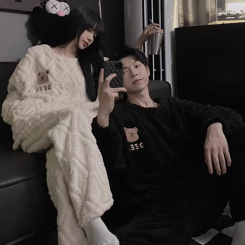 PM情侣睡衣女秋冬季加绒加厚珊瑚绒男士家居服爆款2023新款高级感