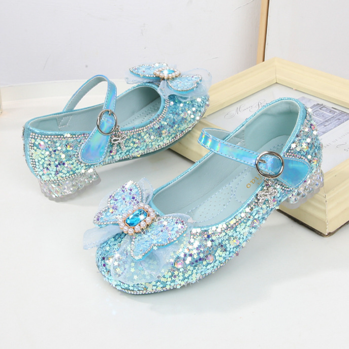 女童爱莎公主鞋水晶高跟软底小皮鞋演出鞋时尚银色走秀中大童鞋子