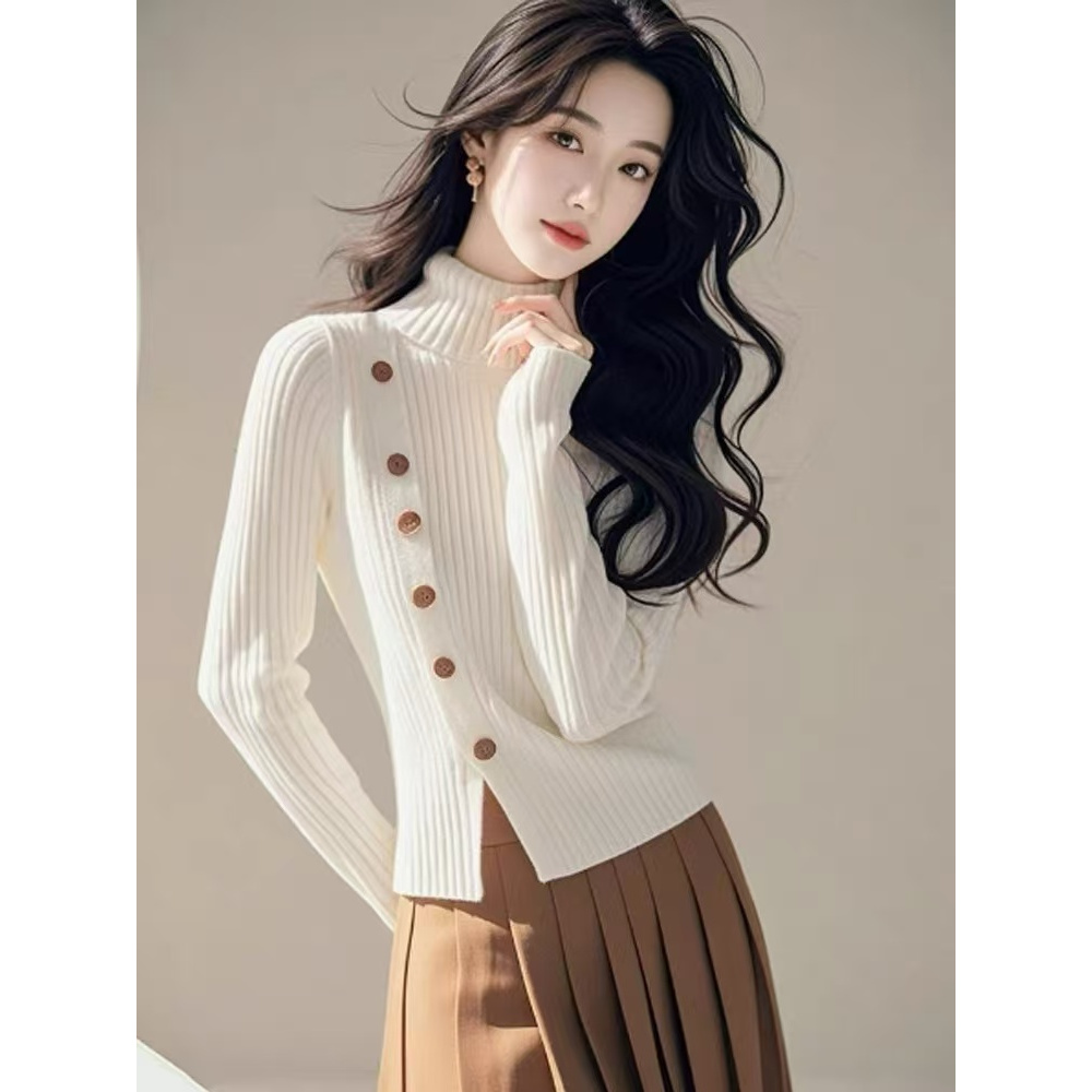 初恋清纯奶甜百搭打底衫女秋冬新款高领长袖开叉修身短款针织上衣