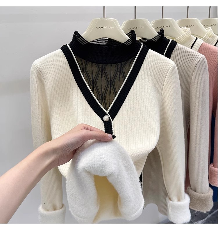 半高领假两件加绒加厚毛衣女冬季网纱拼接针织一体绒洋气保暖22