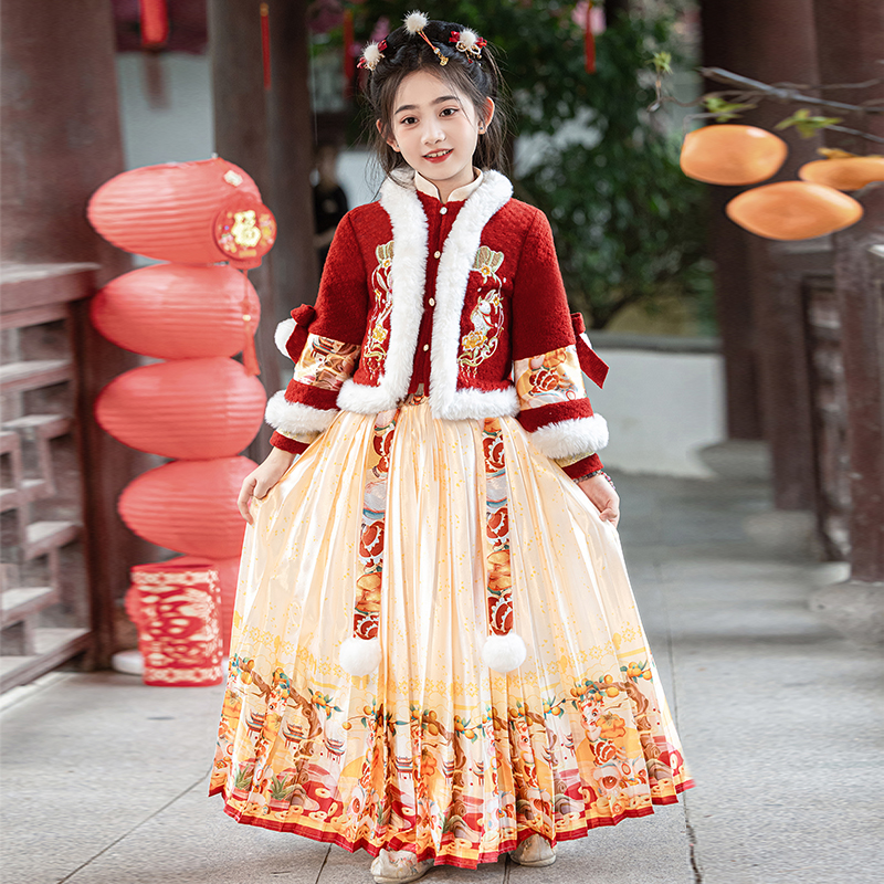 汉服女童冬季拜年服2024新款儿童唐装马面裙套装女孩古装新年衣服