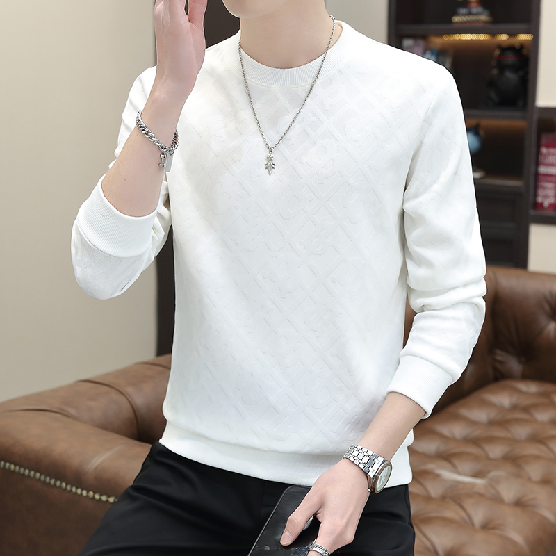 小杨推荐哥 秋装提花纯色休闲上衣男长袖圆领暗纹T恤打底衫休闲时