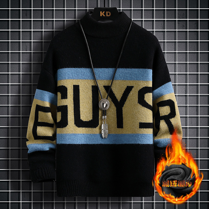 遥发推荐 青少年秋冬季加绒加厚半高领毛衣男潮流保暖针织打底衫