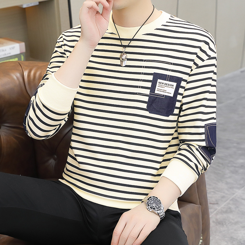 新款条纹卫衣男士潮流百搭圆领印花长袖T恤男士秋季套头打底衫男