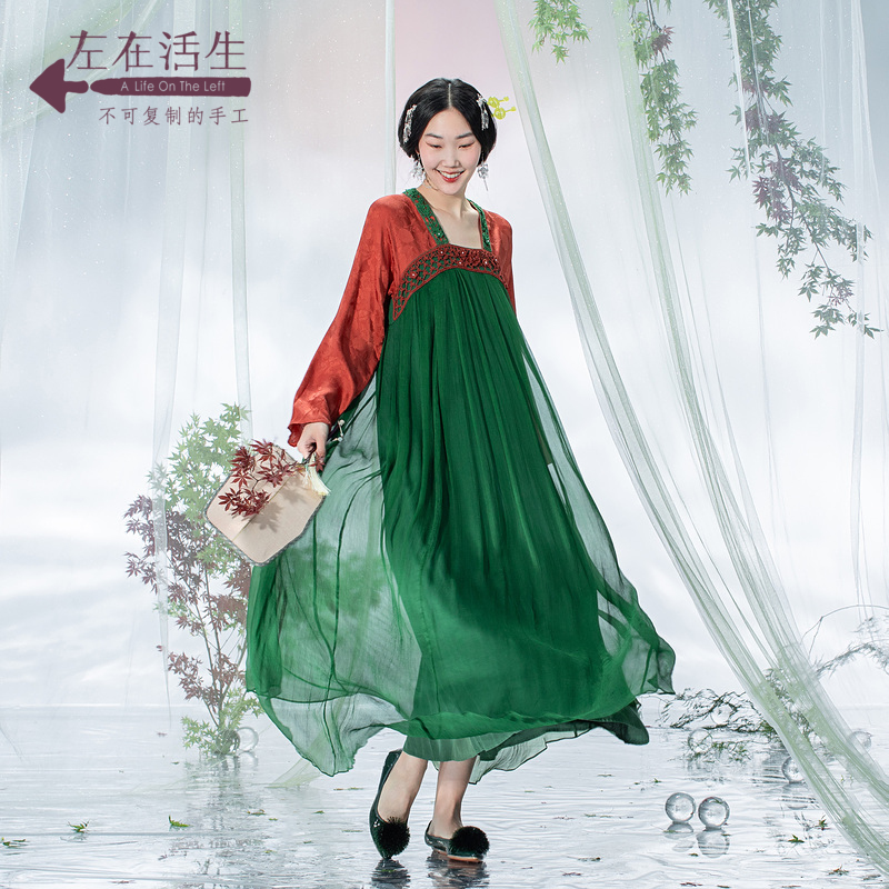 【圣诞红】生活在左国潮风改良襦裙春女装手工钩花汉服长袖连衣裙子