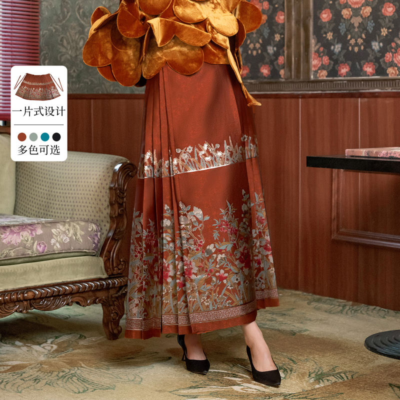 【圣诞红】生活在左一片式改良林栖马面裙新中式春夏织金半身裙女