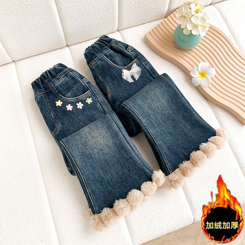 女童加绒牛仔裤2023秋冬新款小女孩冬季加厚保暖弹力喇叭裤韩版潮