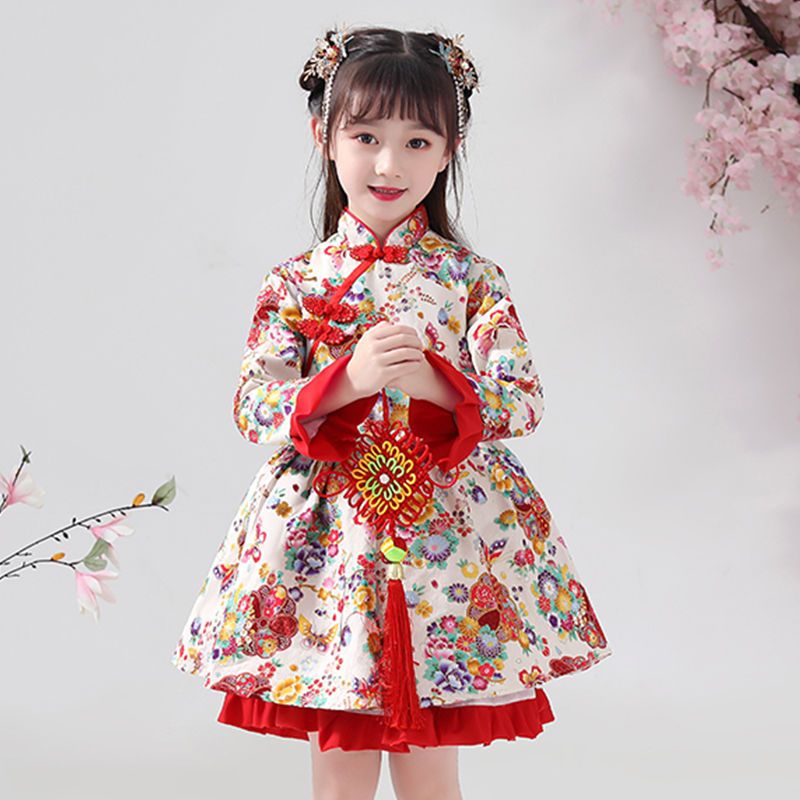 女童汉服连衣裙秋冬款女宝唐装中国风旗袍公主裙小女孩中式拜年服
