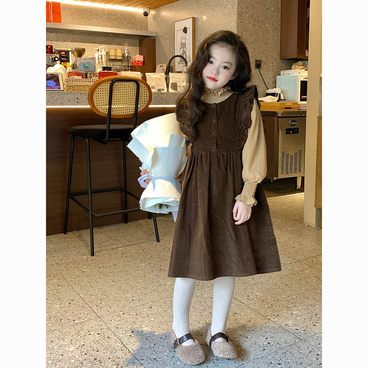 高档中大女童套装裙新款秋装时髦女孩灯芯绒连衣裙儿童背心裙D