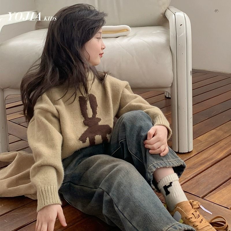 女童毛衣2024秋冬加厚新款女孩慵懒风套头针织上衣中大童复古线衣