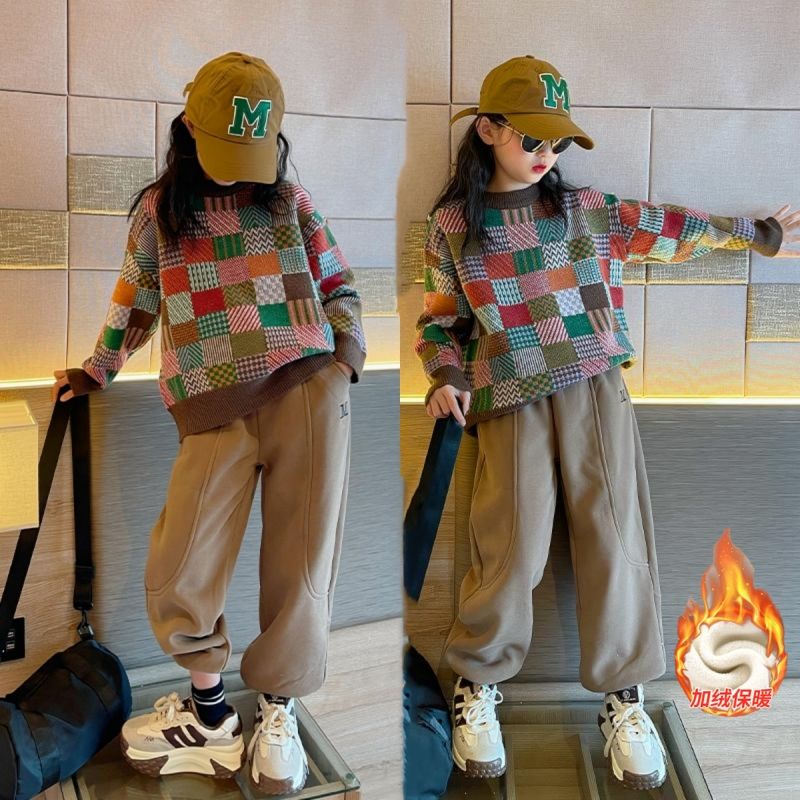 女童秋冬毛衣套装2023新款洋气女孩冬装中大童时髦针织加绒两件套