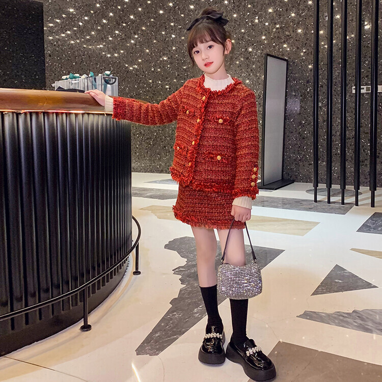 女童小香风裙子2023新款冬装儿童洋气时髦秋冬加厚小香风套装