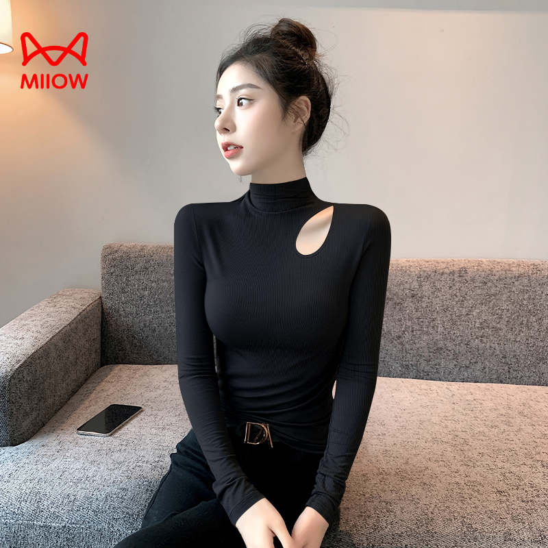 MiiOW/猫人黑色螺纹镂空半高领打底衫女春秋内搭长袖T恤高级感紧
