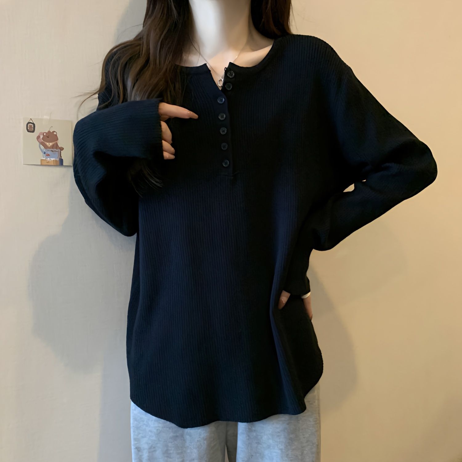 大码正肩长袖T恤女春秋款2023新款宽松显瘦设计感坑条拼接上衣服