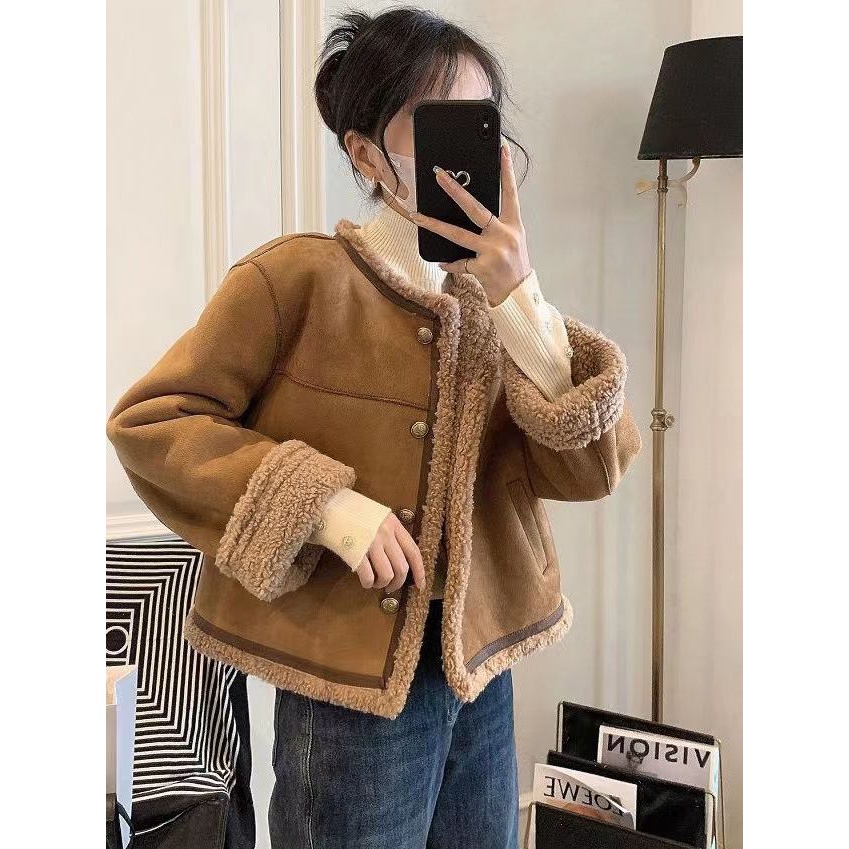 美拉德外套女秋冬新款宽松小个子短款加绒加厚仿羊羔毛外