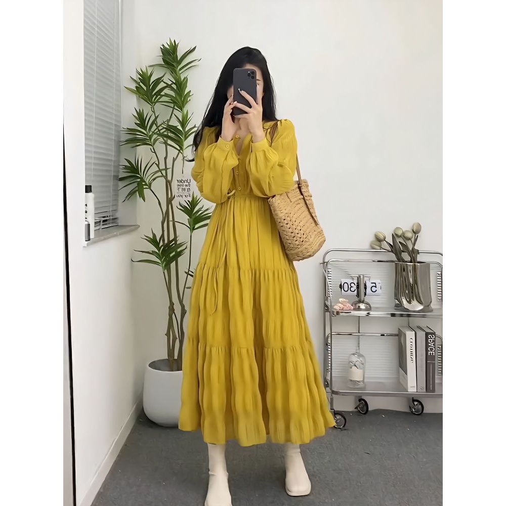 韩系褶皱系带松紧收腰连衣裙女气质甜美温柔风长袖复古大摆裙长裙