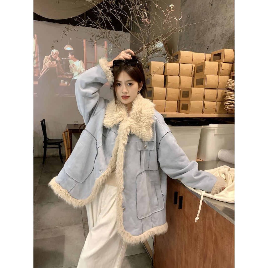 大码温柔毛绒拼接翻领外套女冬季中长款加厚夹优质保暖上