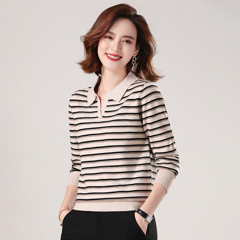 【源头工厂】2025春季时尚条纹宽松上衣翻领外穿打底衫女针织衫女装