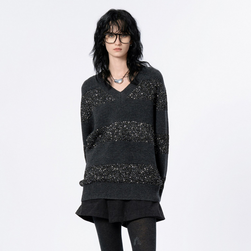 U/TI深灰色璀璨亮片绵羊毛毛衣女百搭V领秋冬毛衫上衣冬季新款