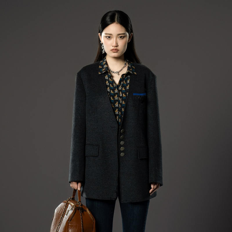 uti深灰色无领西装式大衣女 百搭绵羊毛毛呢外套尤缇2024冬季新款