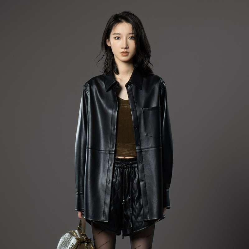 uti黑色蛋白皮衬衫外套女装 百搭光泽感休闲上衣尤缇2024冬季新款