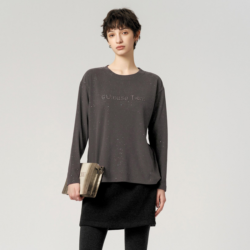 uti深灰色满天星长袖T恤女百搭亮片烫钻休闲上衣冬季新款