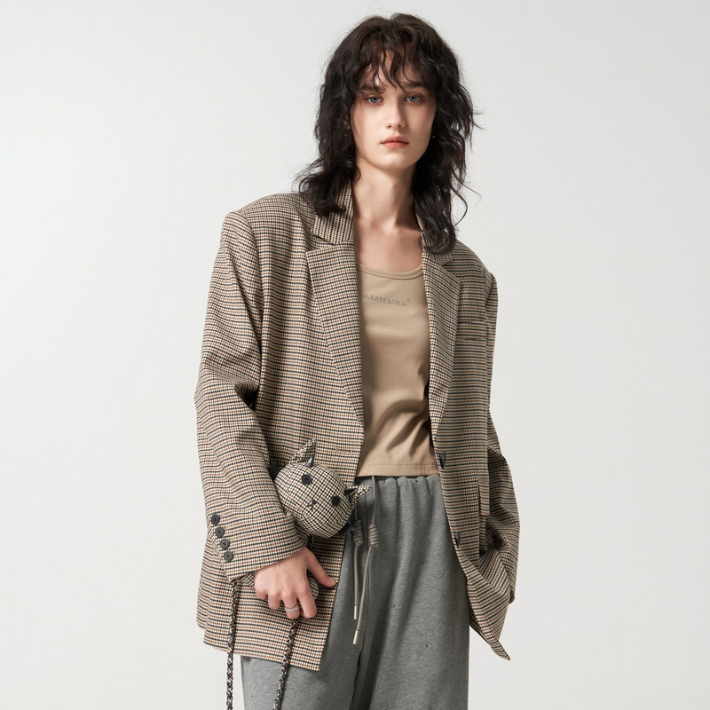 uti复古格纹玩偶配饰西装外套女 时尚潮通勤外搭尤缇2023秋季新款