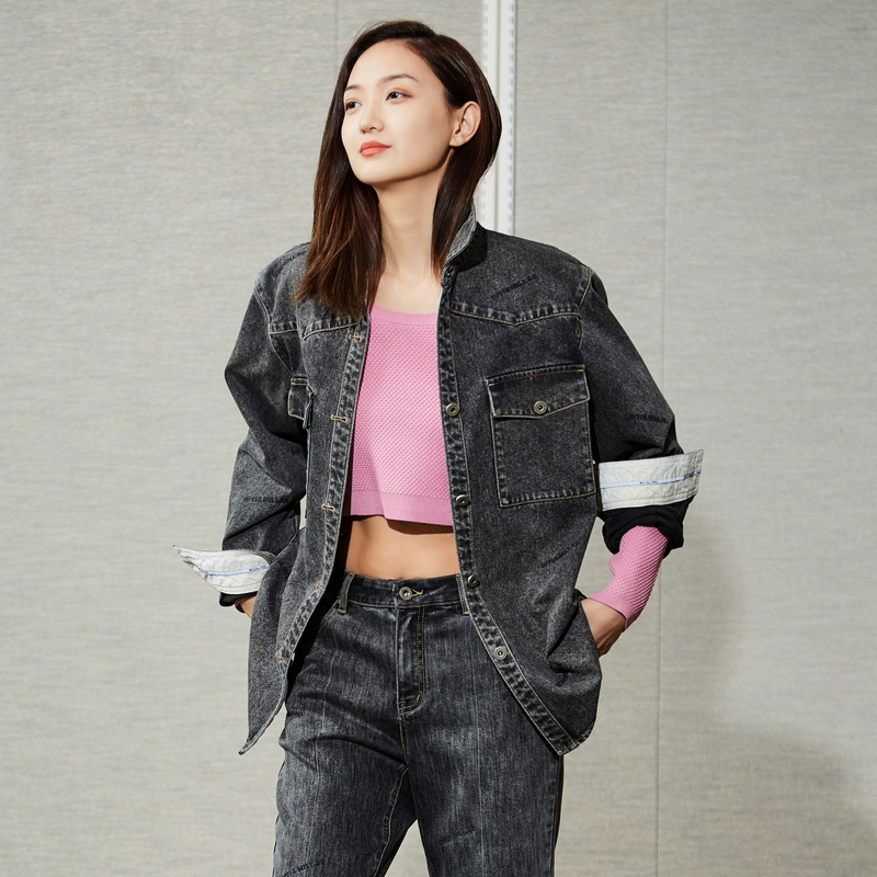 【MILIXU系列】设计师款珠绣LOGO复古水洗雪花灰韩版牛仔衬衫