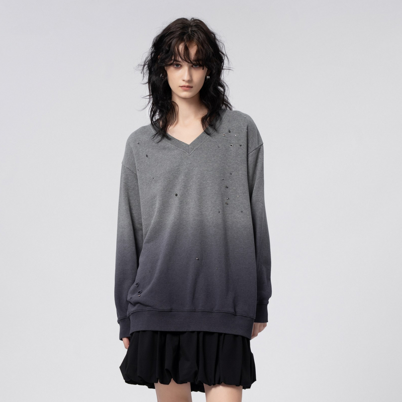 uti中灰色渐变破洞烫钻卫衣女设计感V领休闲上衣秋季新款