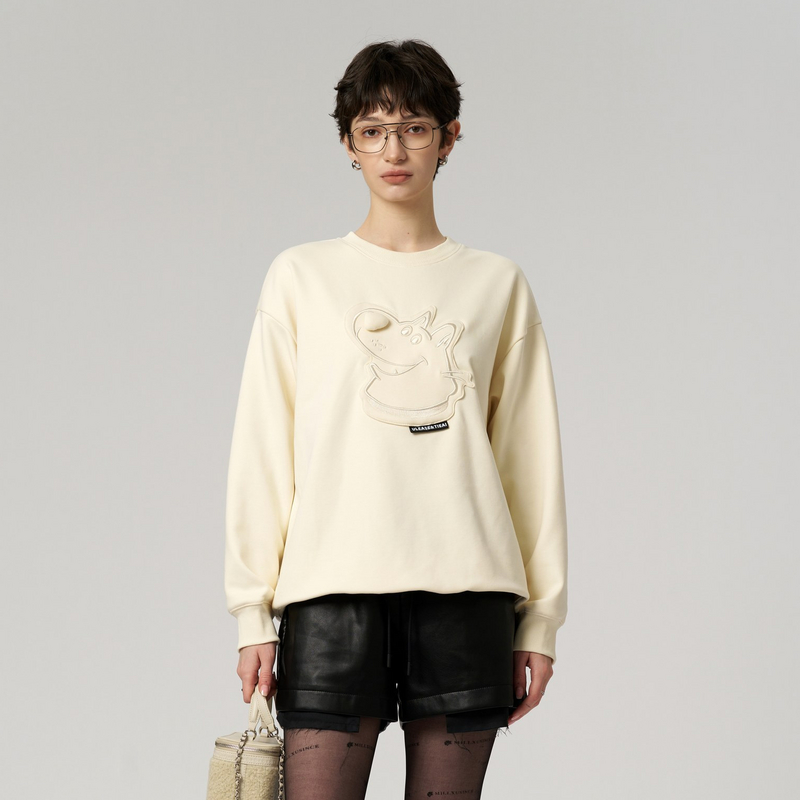 uti米白色狗狗棉质加绒卫衣女 百搭圆领休闲上衣冬季新款