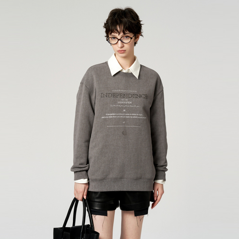 uti灰色烫钻棉感加绒卫衣女装 百搭复古圆领上衣冬季新款