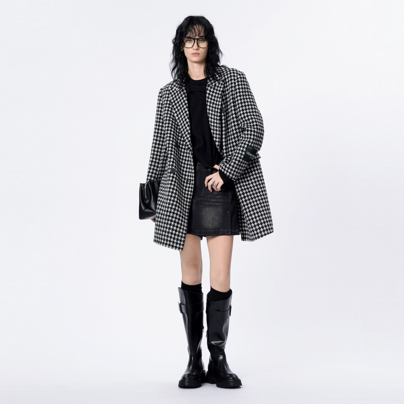 uti尤缇2024冬季新款千鸟格羊毛外套UI4D1096595
