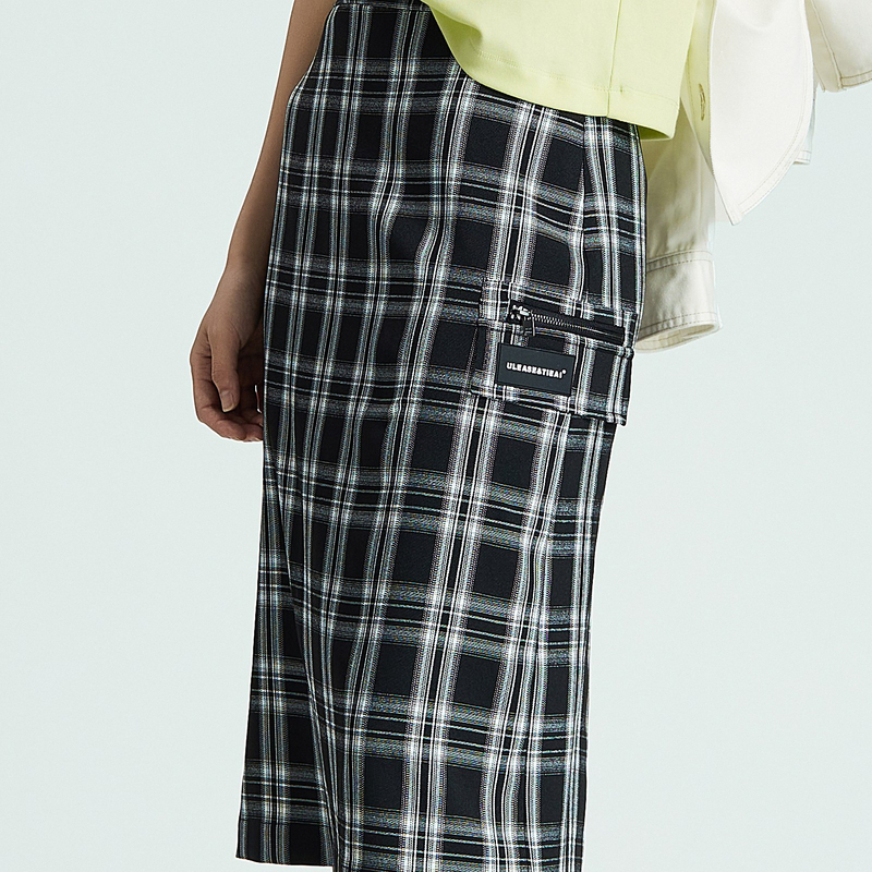 uti时尚百搭复古黑白格纹中长裙子 修身半身裙女尤缇2024春季新款