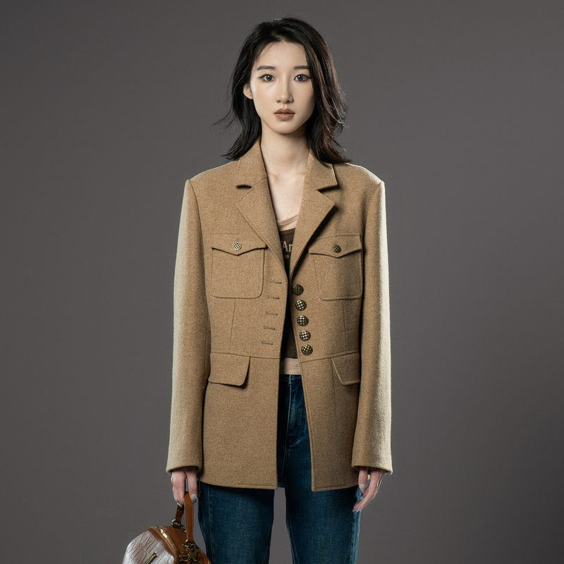 uti卡其色双面呢西装大衣女装 设计感绵羊毛外套尤缇2024冬季新款