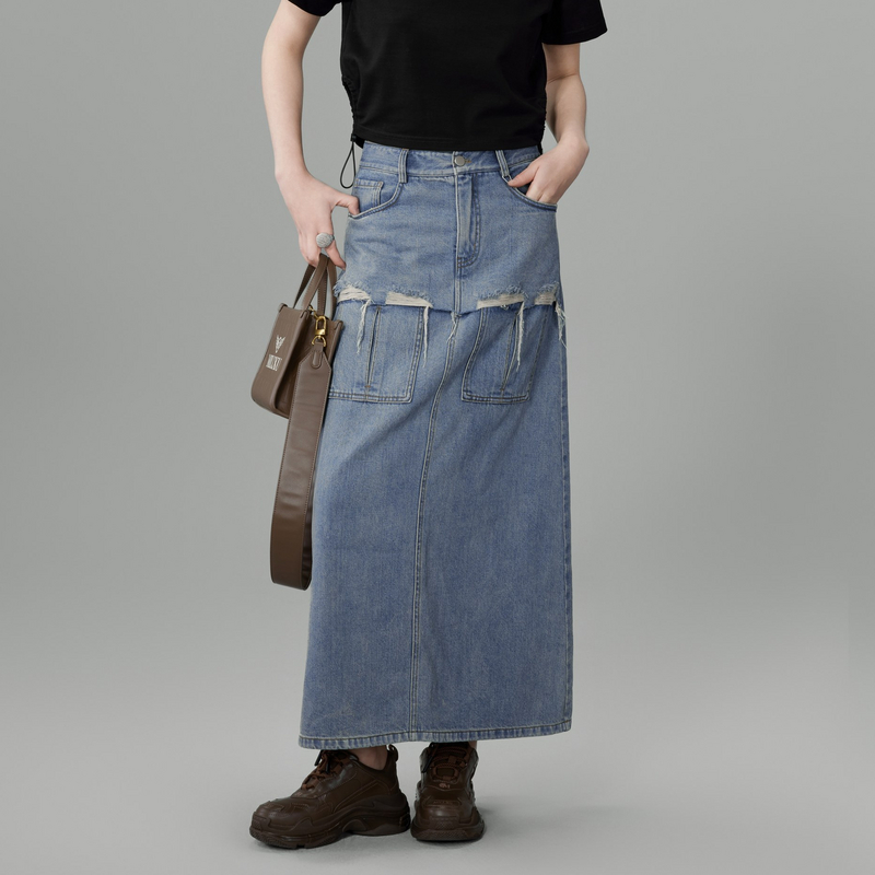 U/TI 24夏季新品复古磨破风宽松时尚显瘦后开叉牛仔休闲长半身裙