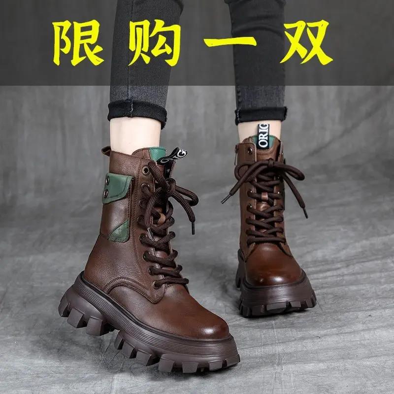 红蜻蜓牌真皮复古马丁靴女2023春秋新款高帮单靴皮带扣松糕底增