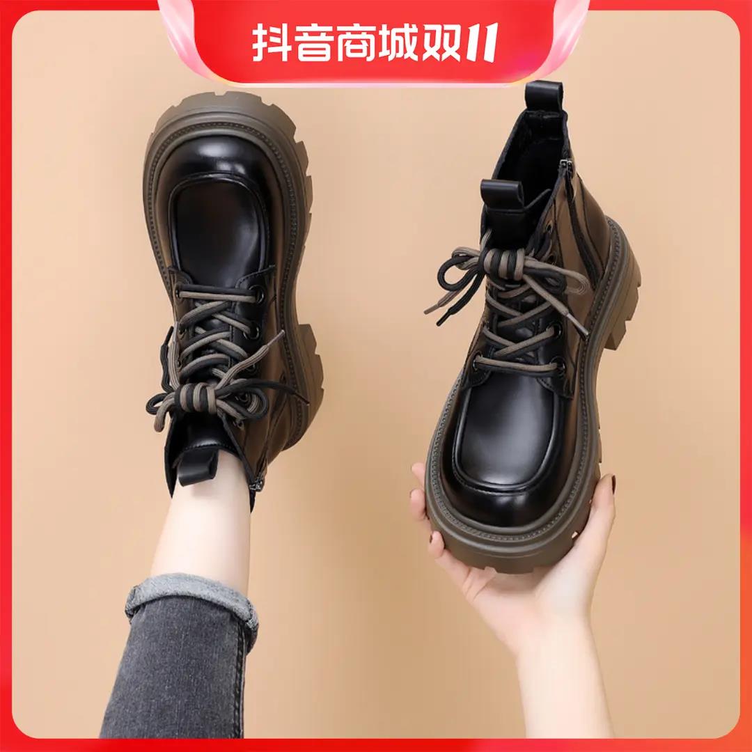 红蜻蜓牌网红马丁靴女真皮爆款2023秋冬新款厚底百搭显脚小短靴洋