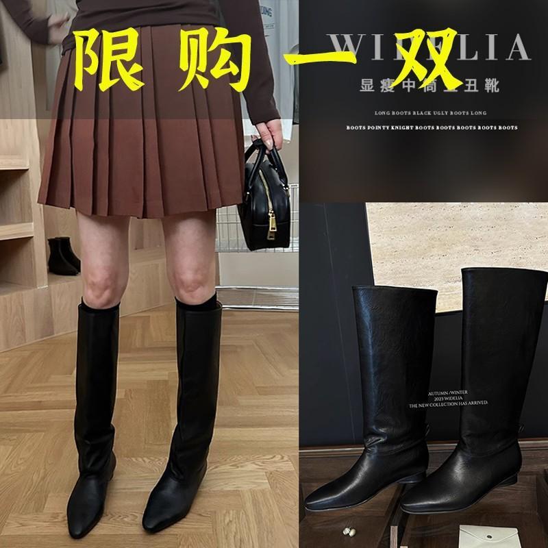 红蜻蜓牌秋季新款中筒靴韩系小众黑色丑丑靴时尚骑士靴鞋子1628
