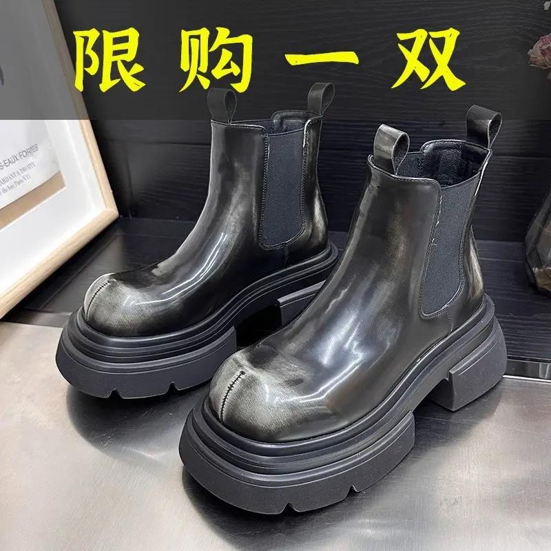 红蜻蜓牌复古擦色大头松糕短靴女2023新款春秋英伦风厚底增高切