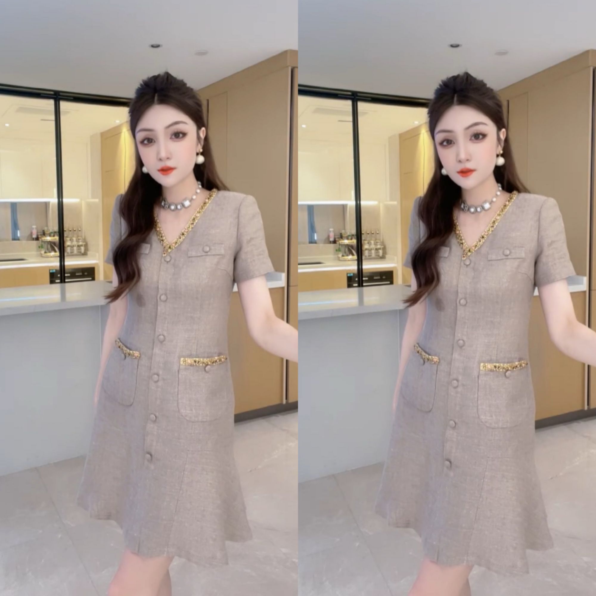 M9A85094  显瘦气质修身高腰时尚小众高级感钉珠轻奢连衣裙