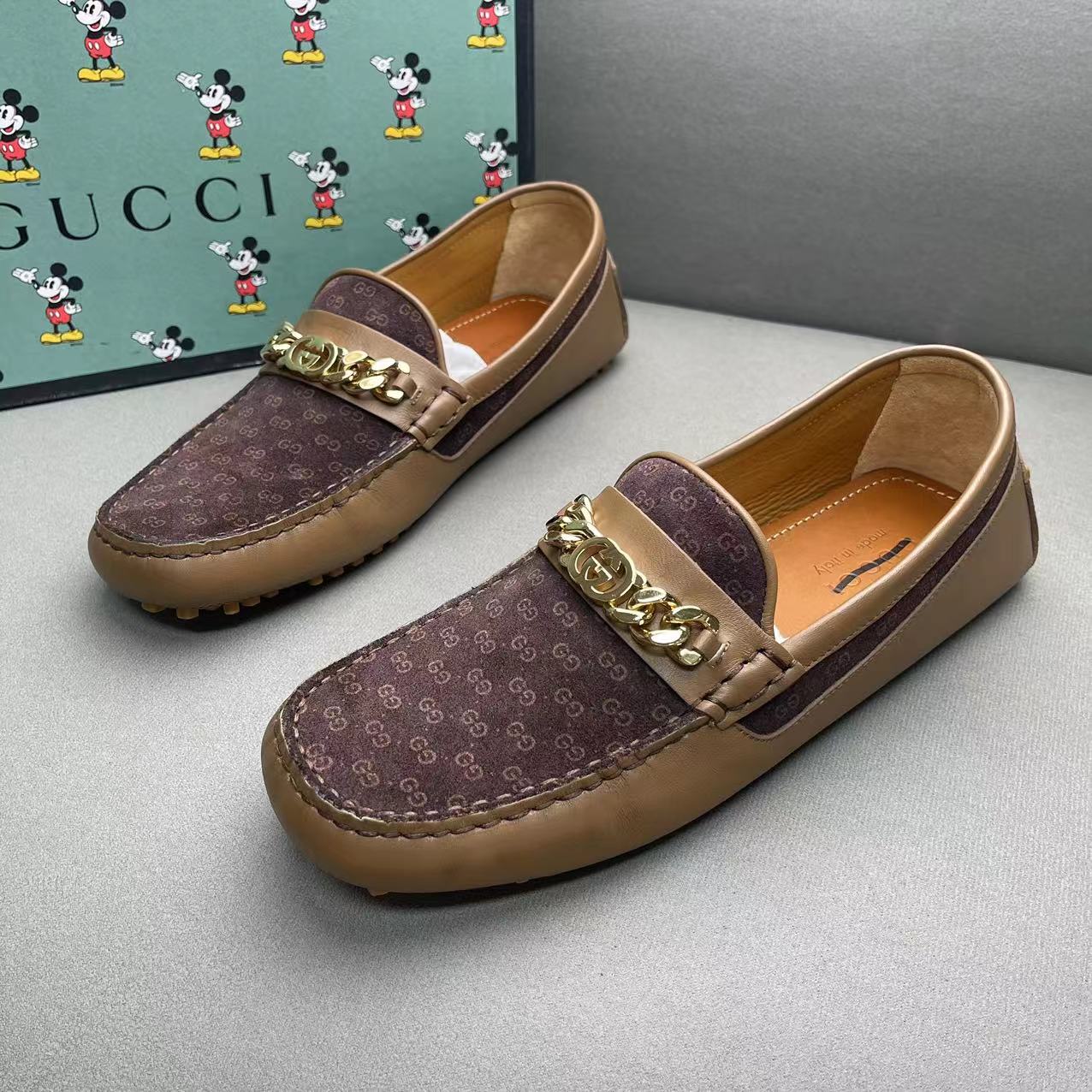 GUCCI/古驰棕色麂皮老花半印马衔扣时尚豆豆鞋 40码/全新涂标款