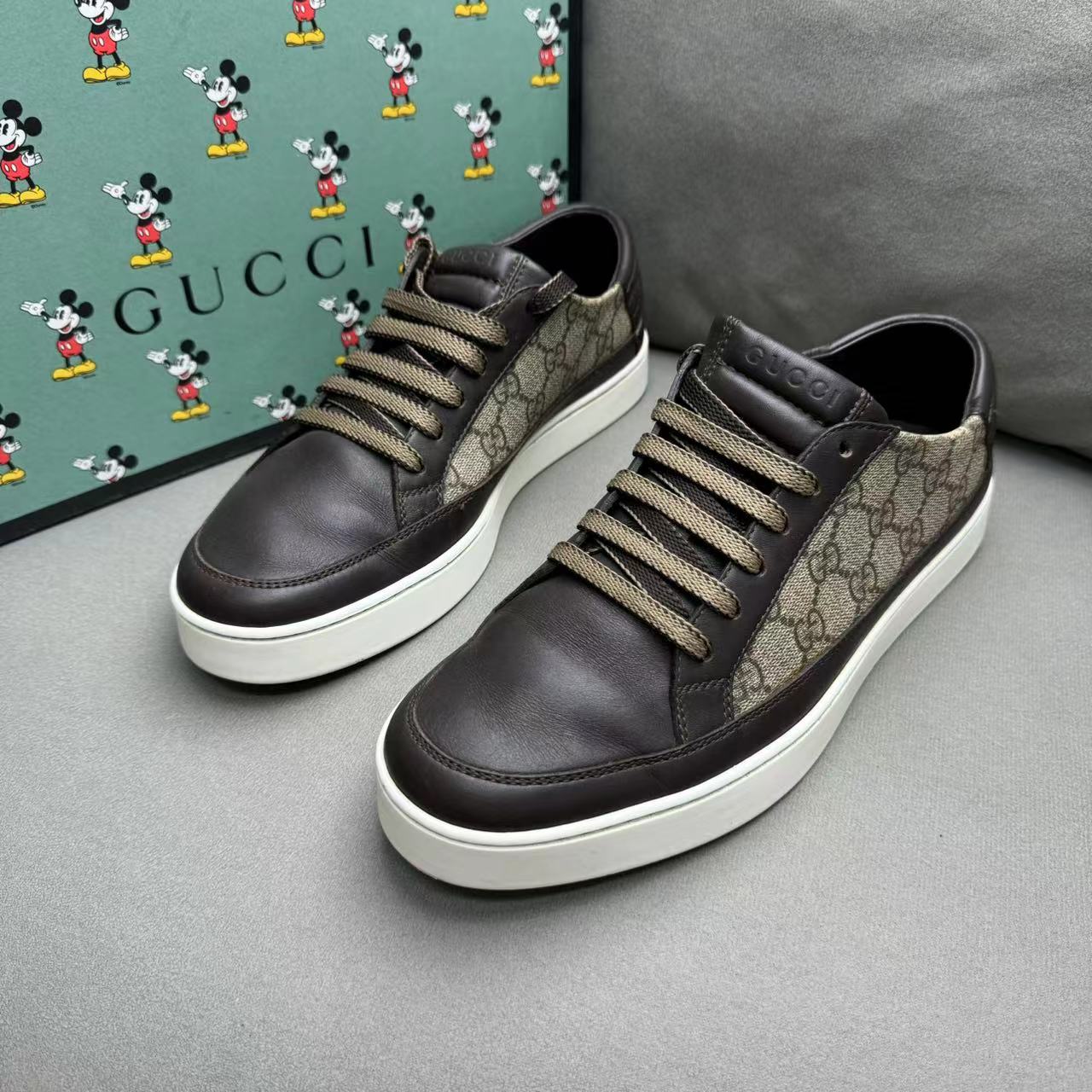 GUCCI/古驰棕色老花时尚百搭系带透气厚底低帮板鞋 41.5码/96新