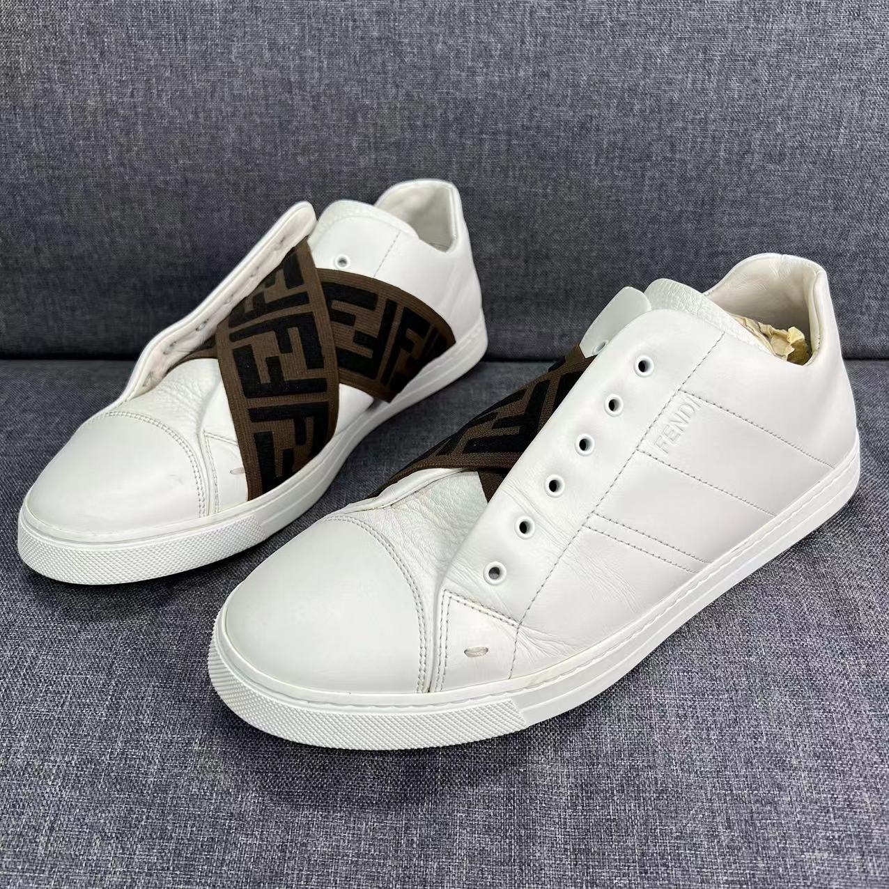 FENDI/芬迪白色时尚拼接老花绑带休闲低帮板鞋/41欧/95新