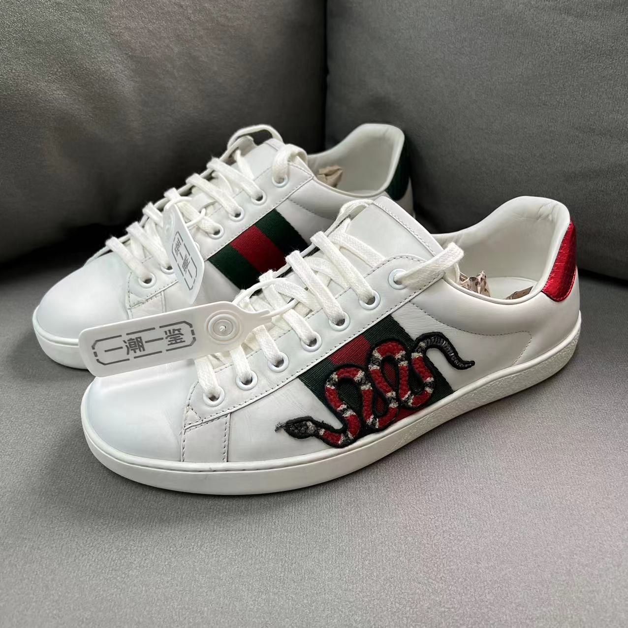 GUCCI/古驰白色透气经典时尚刺绣珊瑚蛇低帮板鞋/40欧/96新