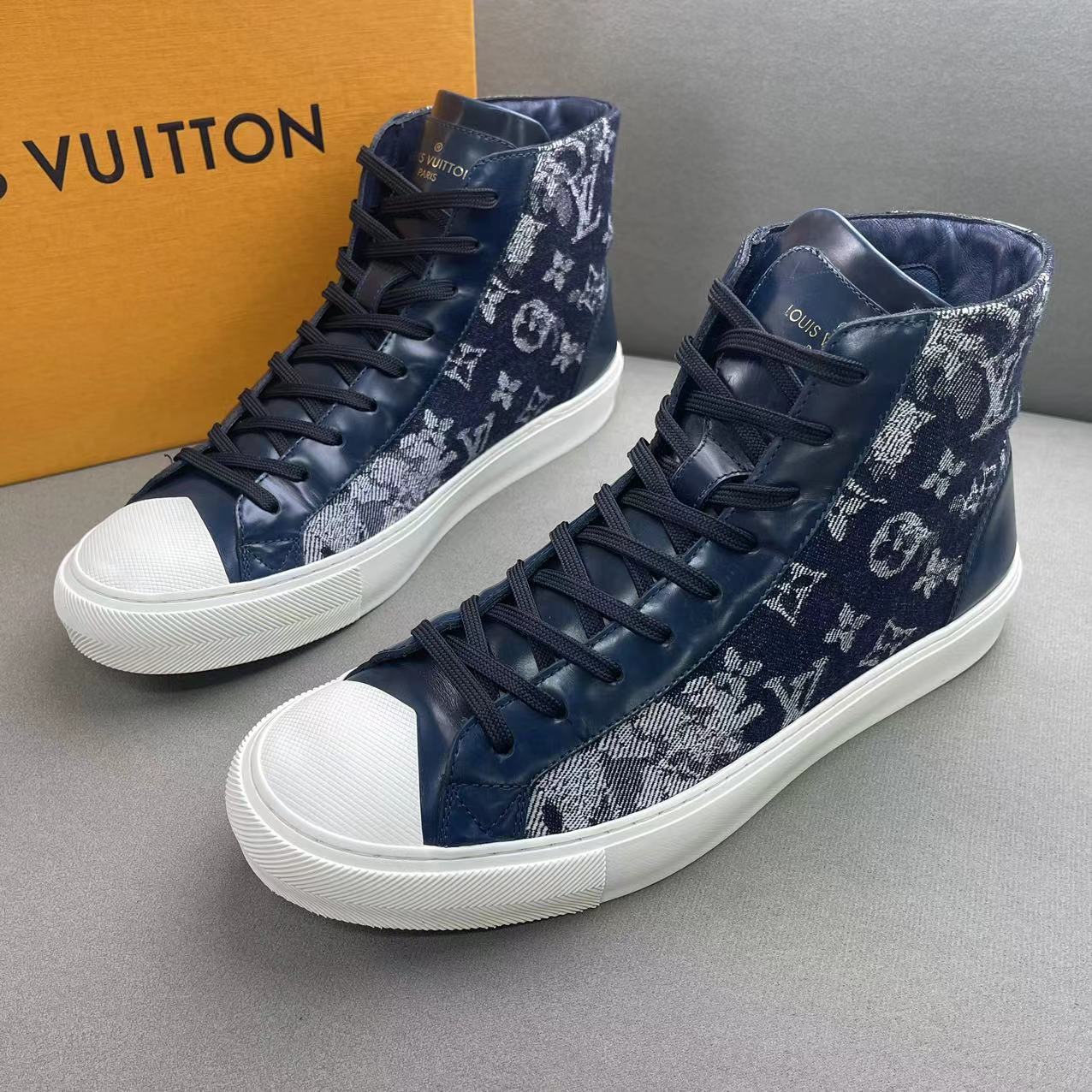 LouisVuitton/路易威登藏蓝牛仔帆布老花高帮时尚板鞋 41码/97新