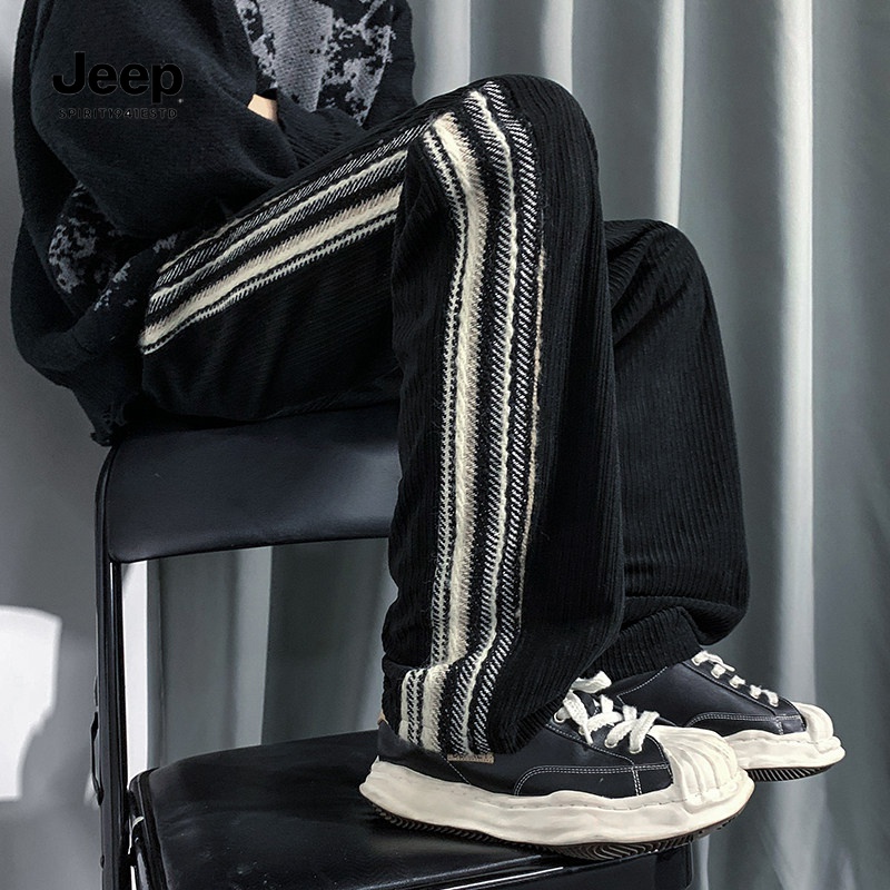 JEEP吉普美式复古欧棉绒黑白条纹裤子男秋冬款加绒加厚初高中生休
